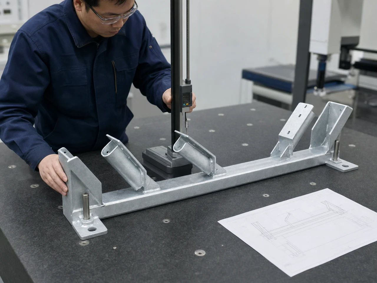Inspector using a height gauge to check a galvanized idler frame on a granite surface plate