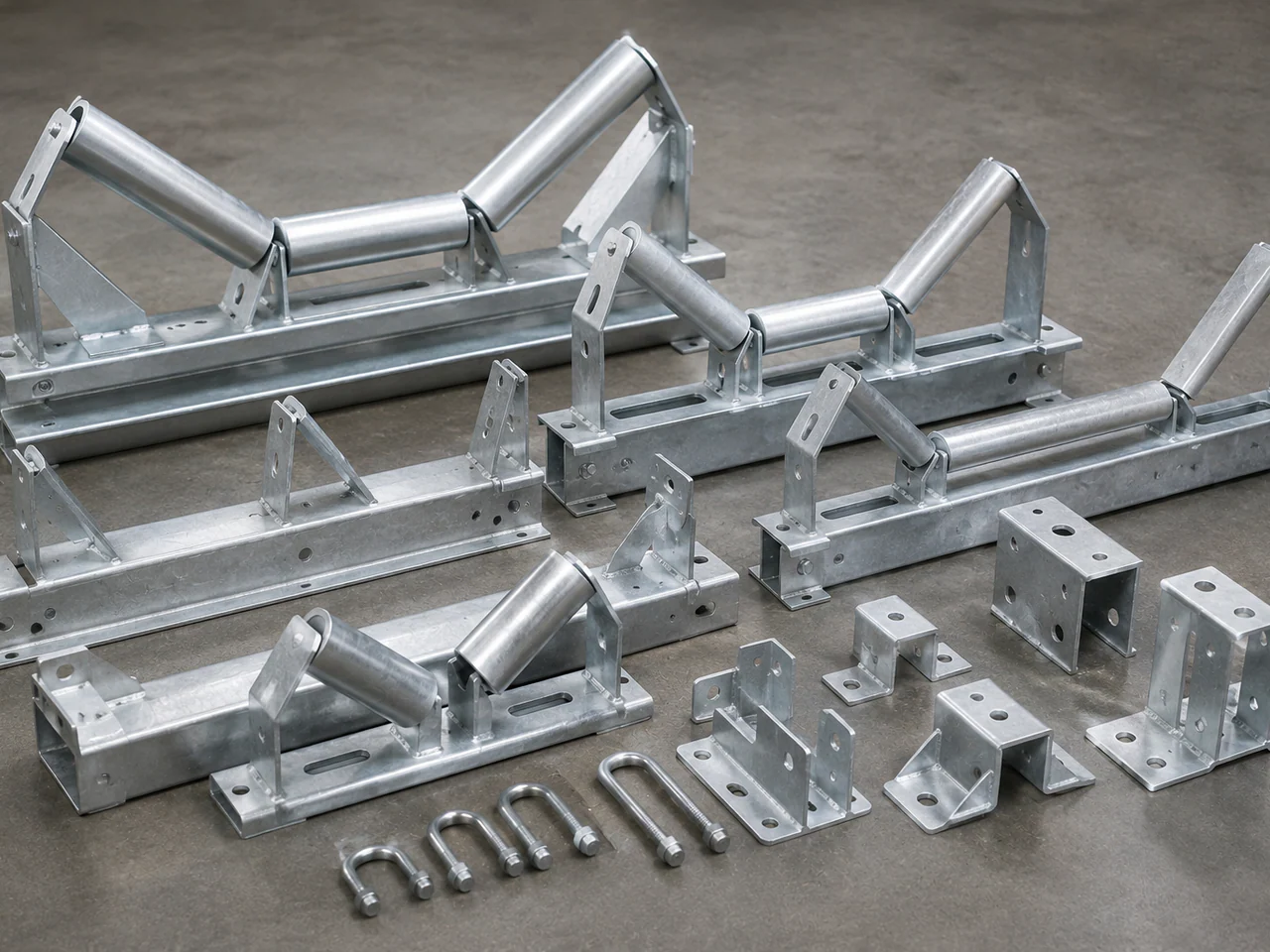 Galvanized conveyor idler frames and mounting brackets