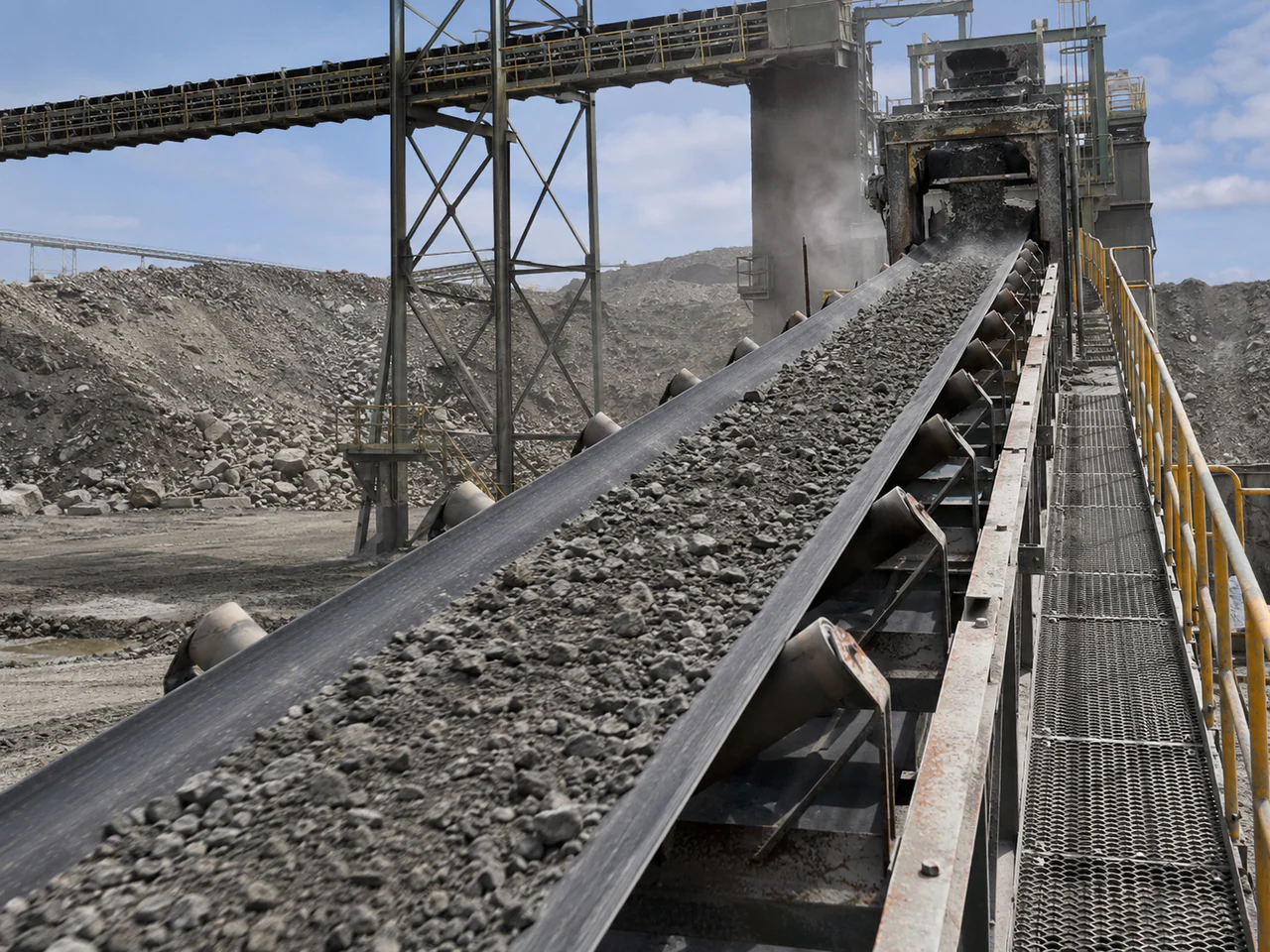 Installed conveyor structure with support steelwork, idler frames and access walkway