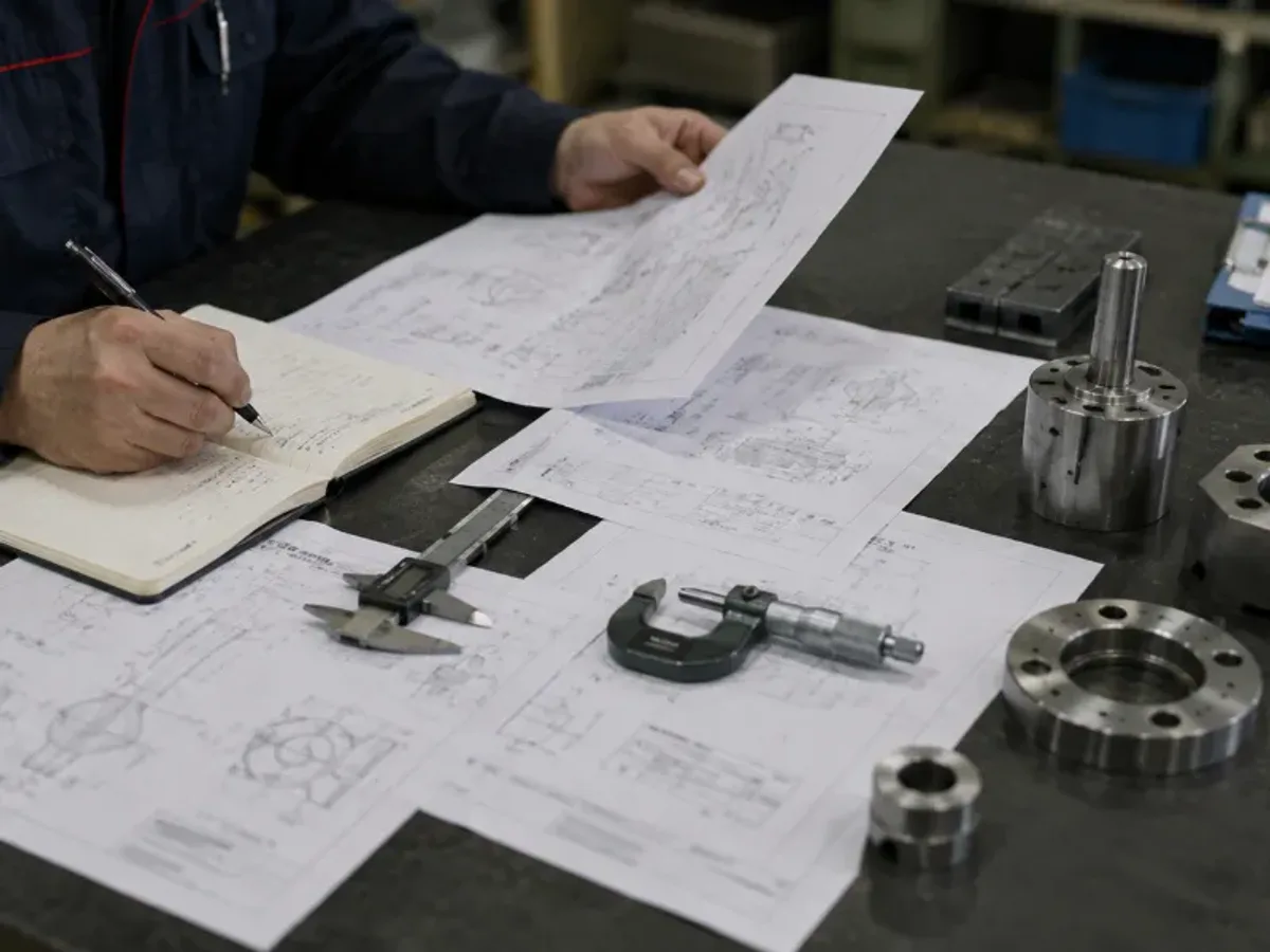 Technical drawing and dimensional tools prepared for manufacturing review