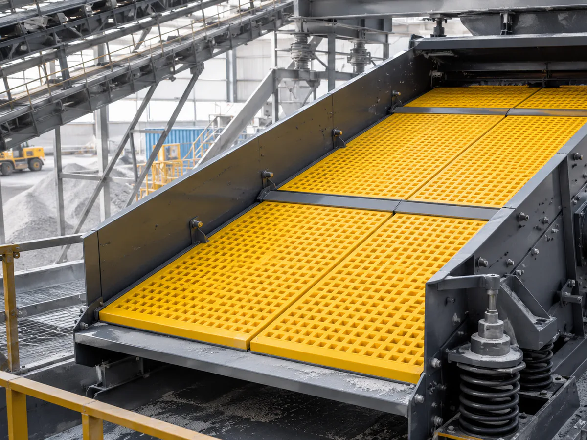 Polyurethane screen panels installed on a vibrating screen deck