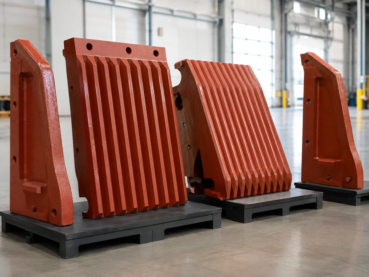 Red jaw crusher wear plates arranged in a workshop