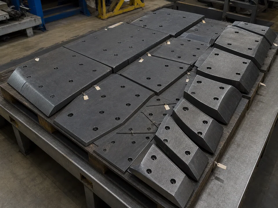 Drawing-defined chute liner panels staged in installation order