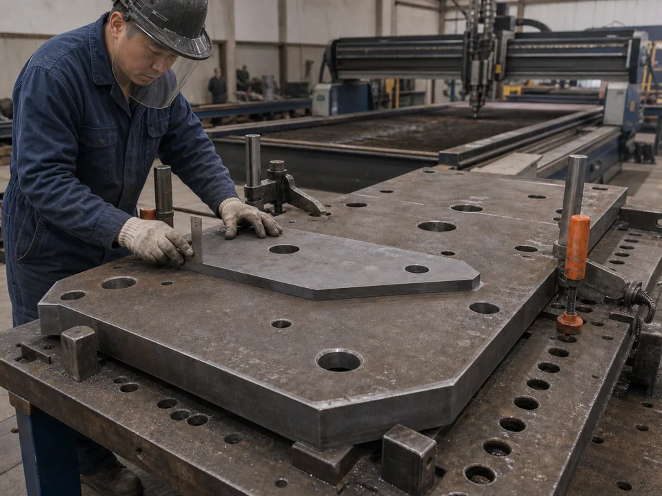 Wear plates positioned and checked in a fabrication work cell