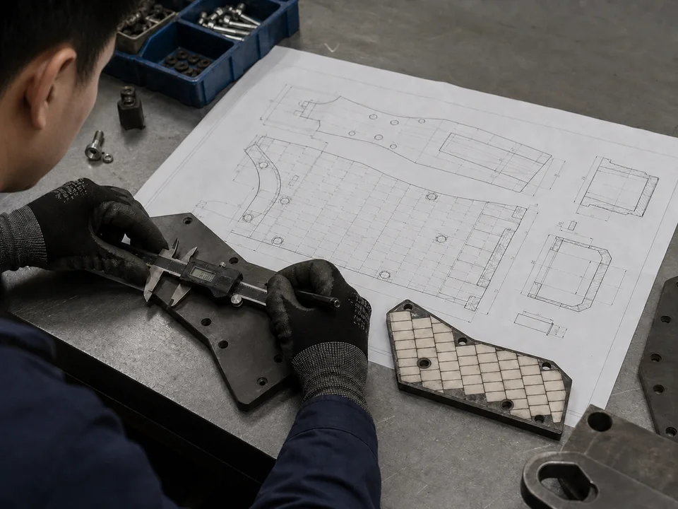 Engineer comparing a wear liner sample with a technical drawing