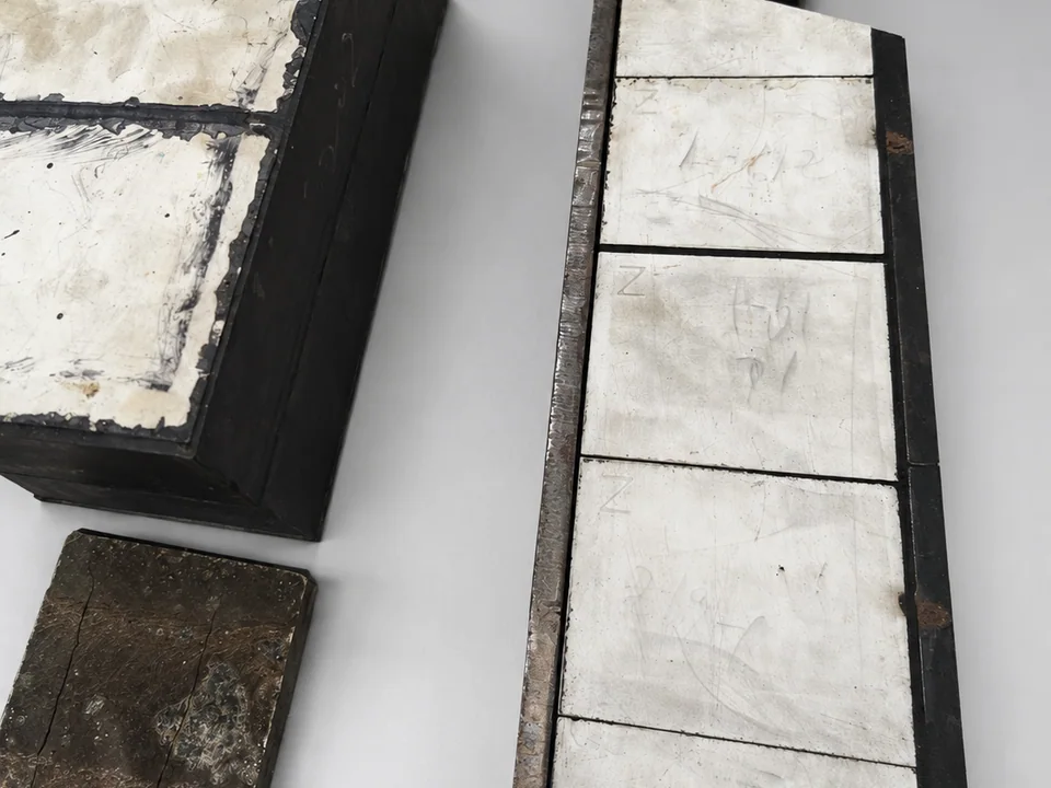 Ceramic wear liner panels and sample blocks prepared for technical review