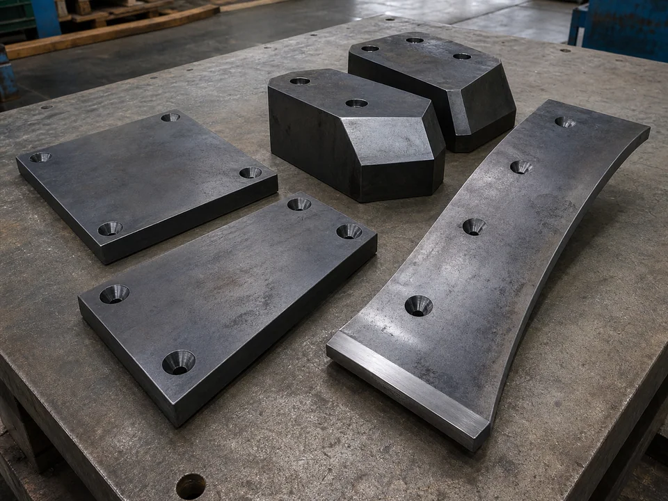 Drawing-defined steel wear plates and wear blocks on a fabrication table