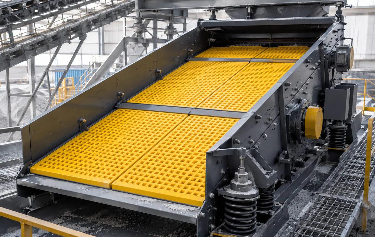Polyurethane screen panels installed on a vibrating screen deck