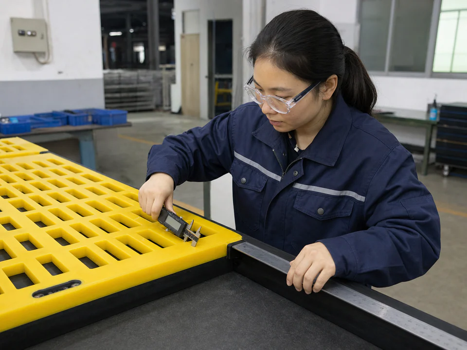 Chinese quality inspector measuring a polyurethane screen panel aperture