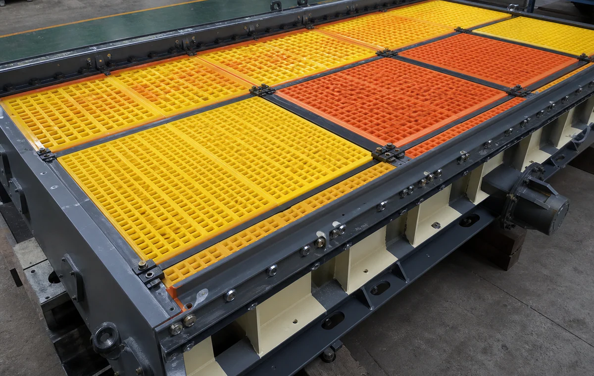 Modular polyurethane screen panels aligned on a steel screen deck