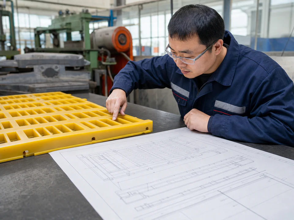 Chinese engineer reviewing a polyurethane screen panel against a deck drawing