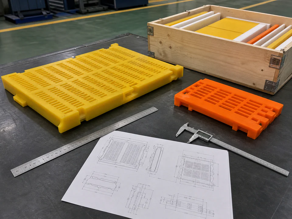 Polyurethane screen panel samples, deck drawing, measuring tools and packing case