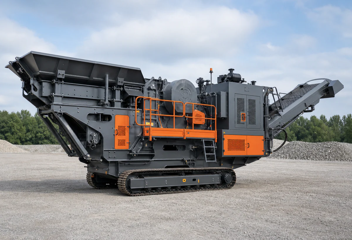 Tracked jaw crusher with feed hopper and discharge conveyor