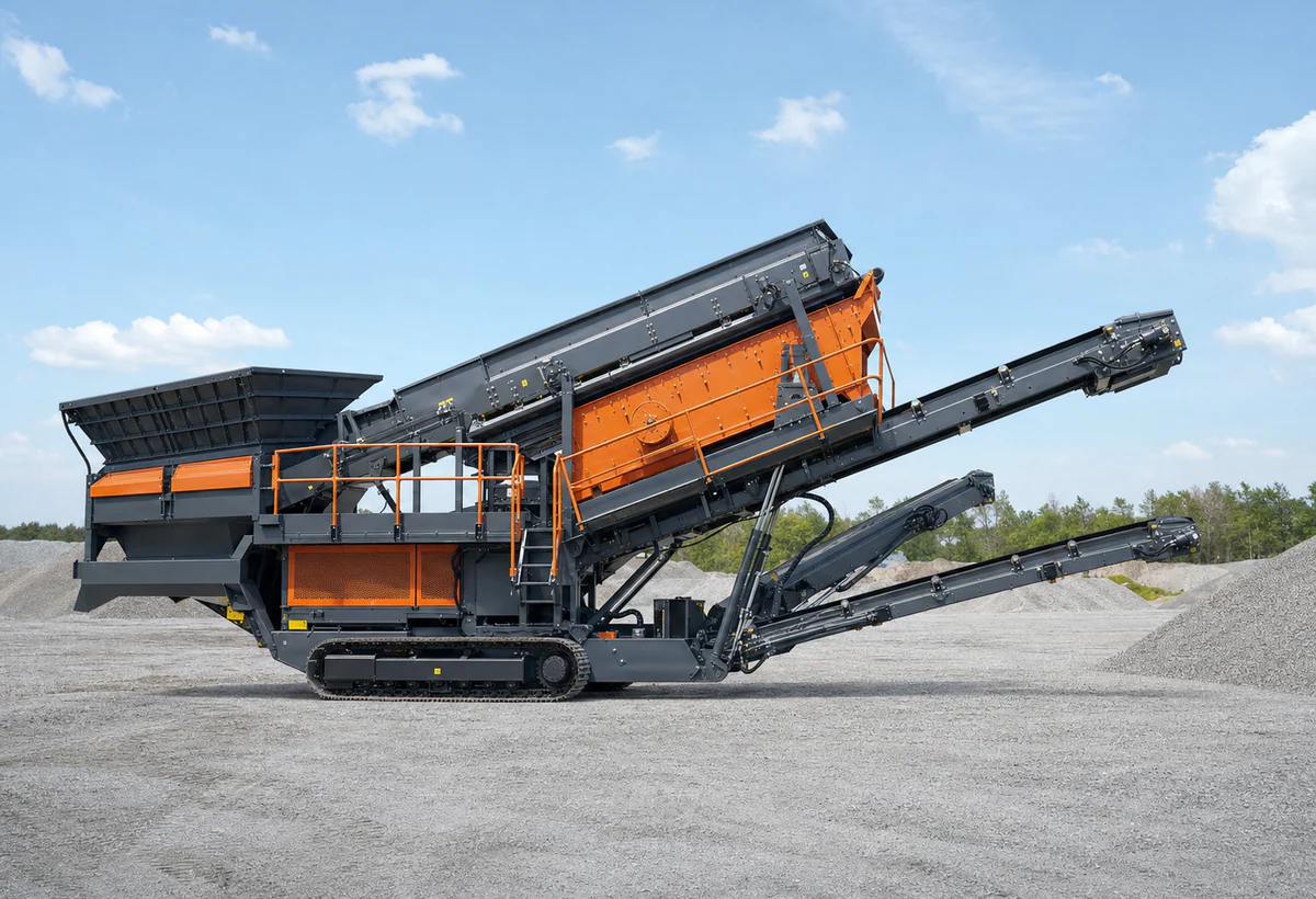Tracked mobile screening plant with feed hopper, screen box and discharge conveyors