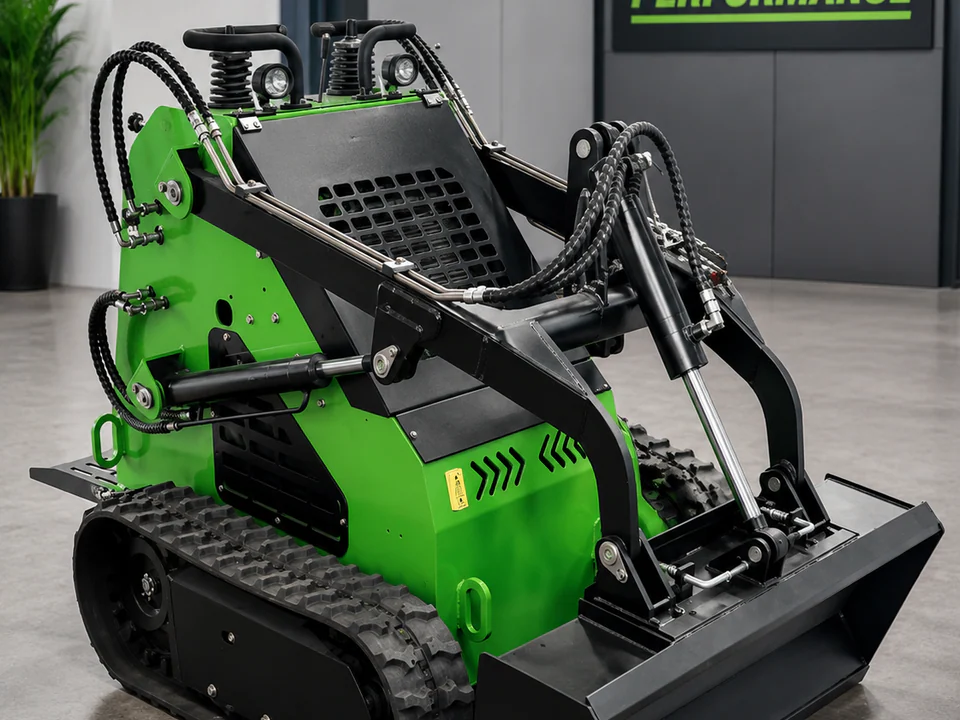 Compact tracked mini skid steer loader with front bucket