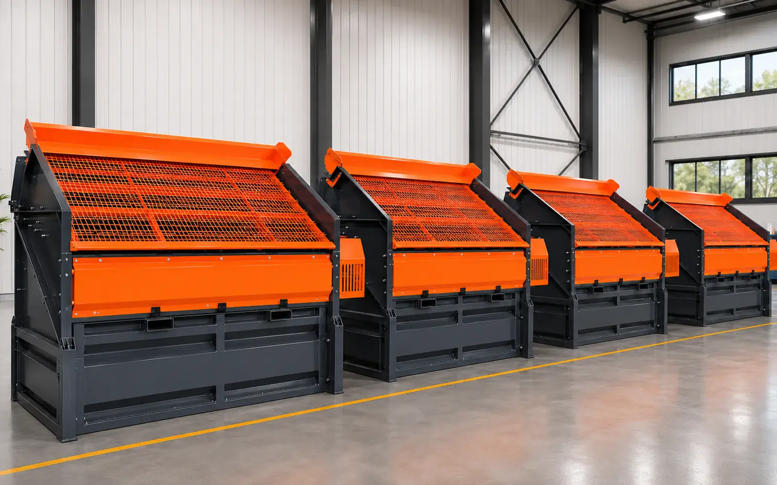Compact screening machines arranged in a workshop