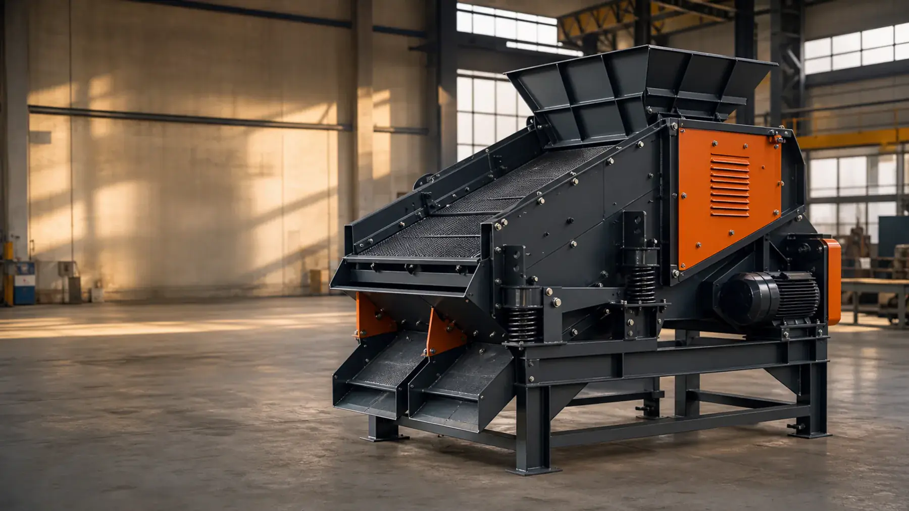 Compact static screening machine with feed hopper, screen deck and separate discharge outlets