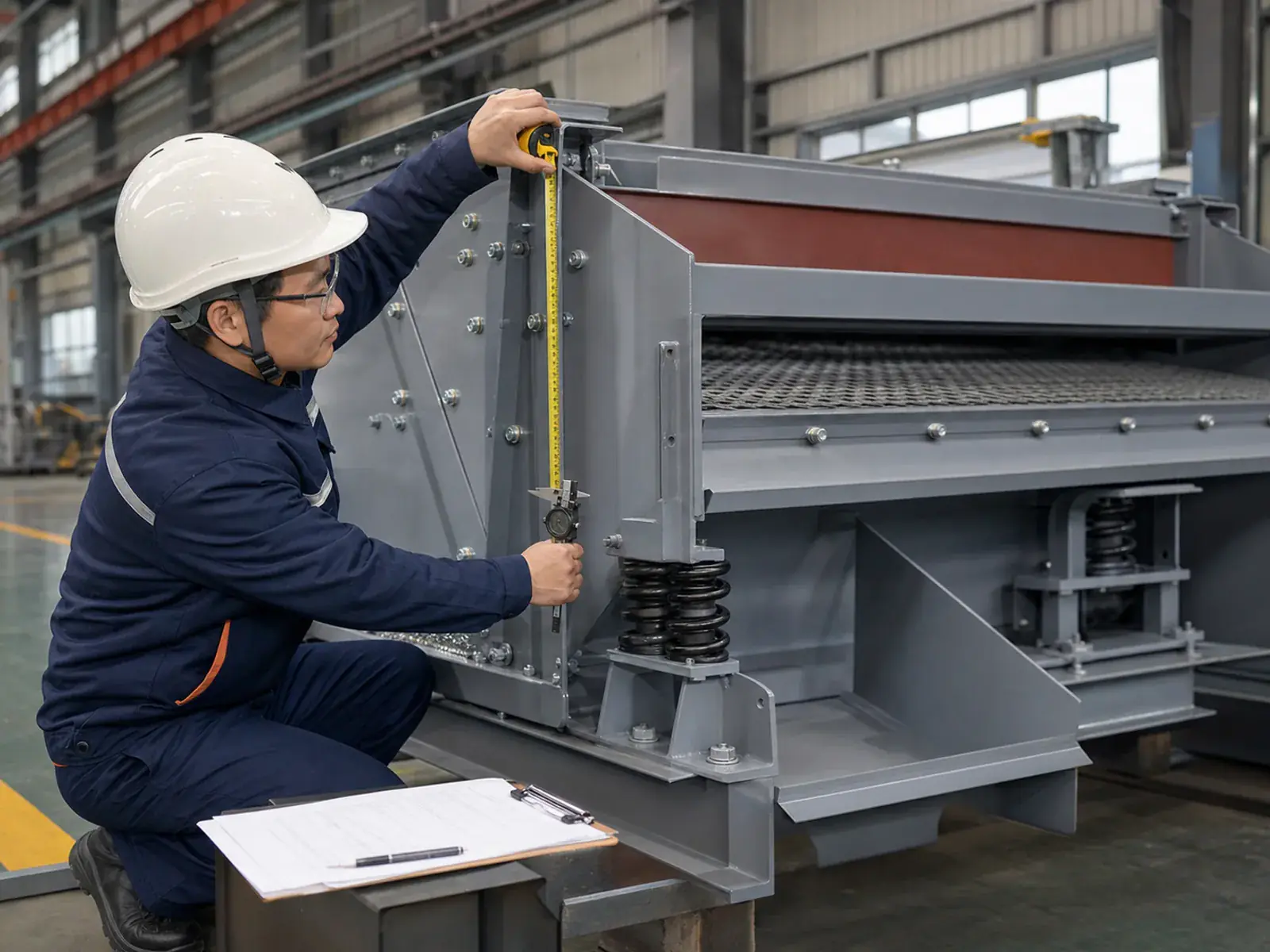 Chinese inspector checking screening-machine frame and screen-deck interfaces