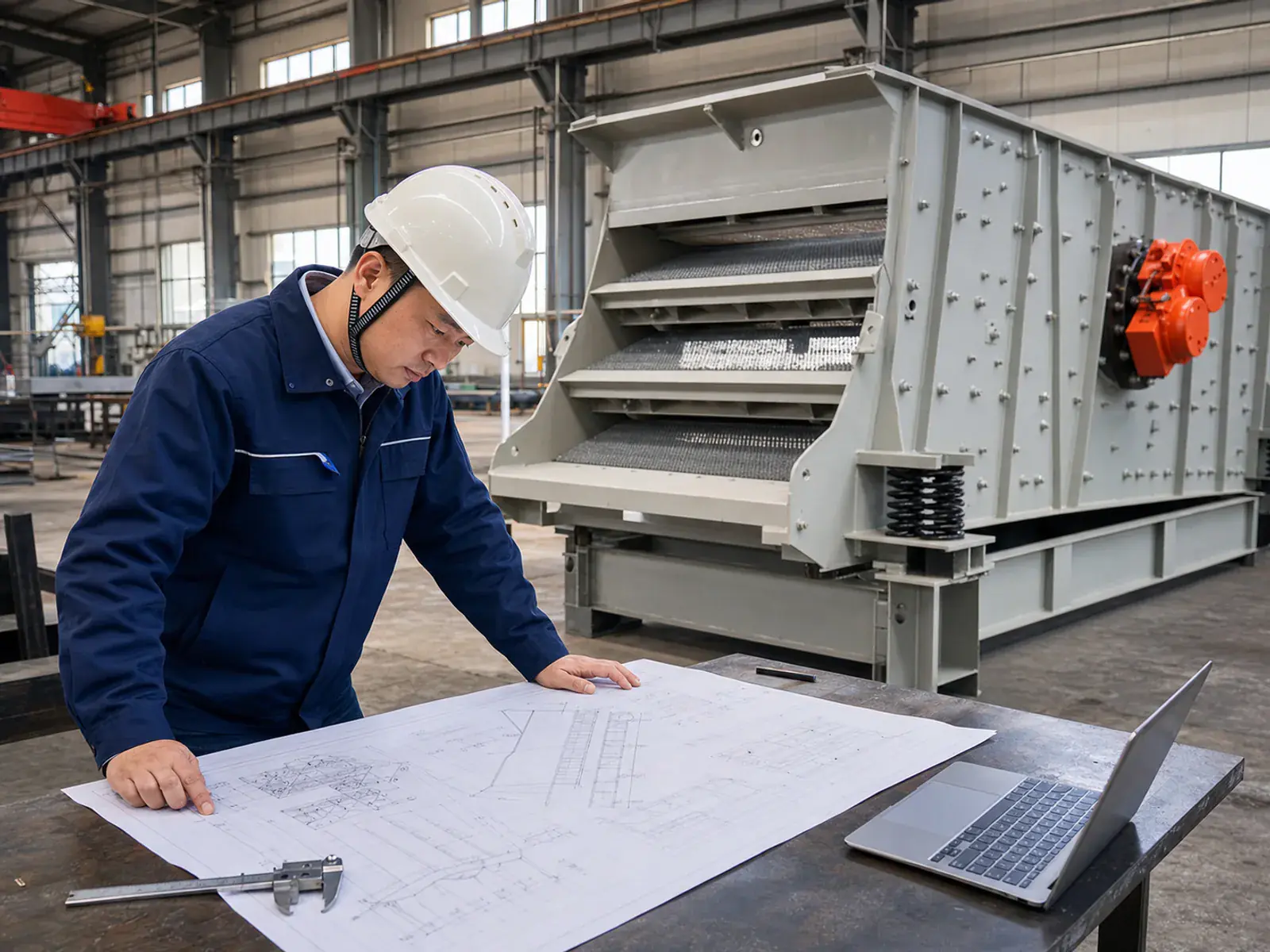 Chinese engineer reviewing a screening-machine drawing beside the equipment