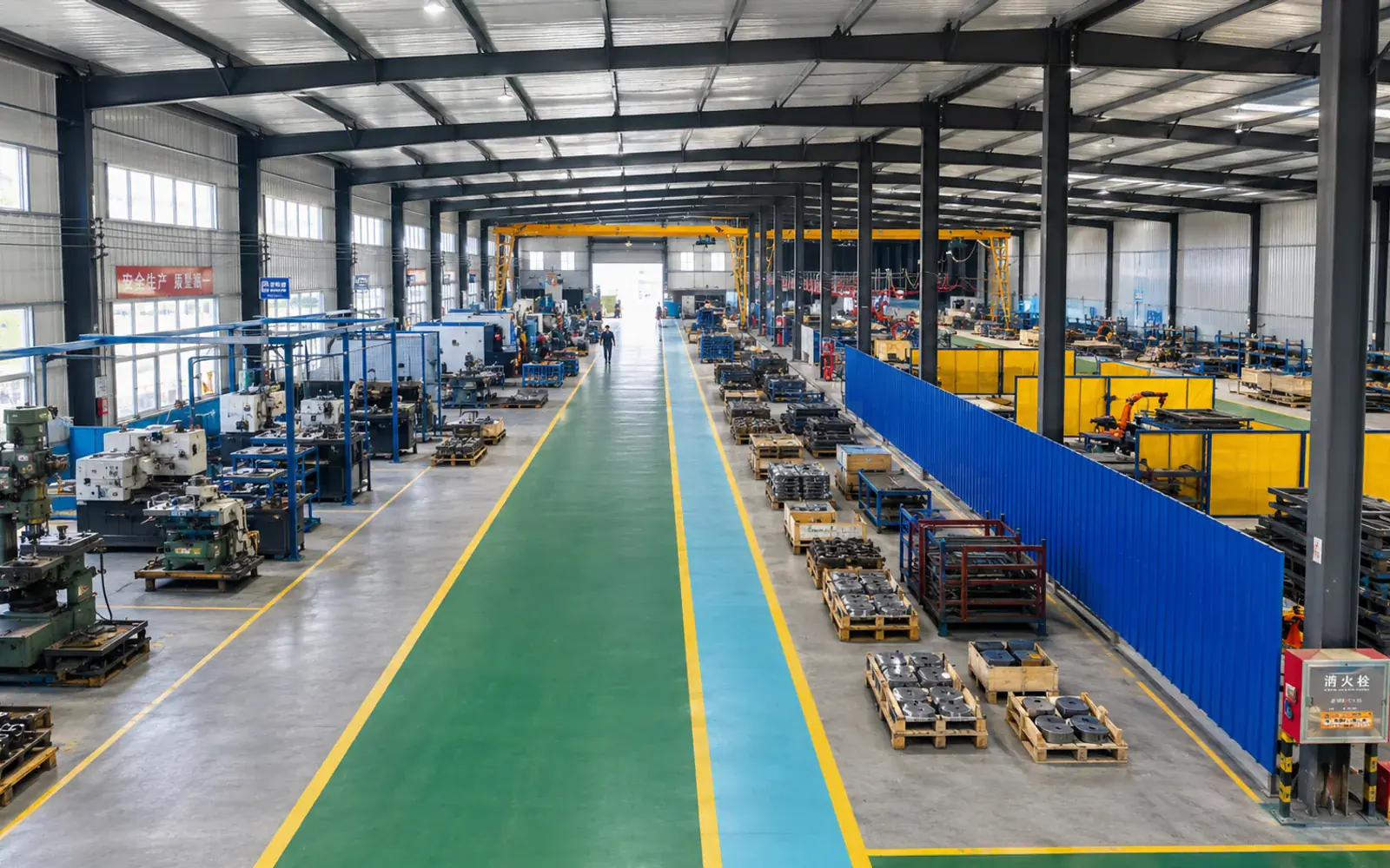 Wide view of an industrial metalworking workshop