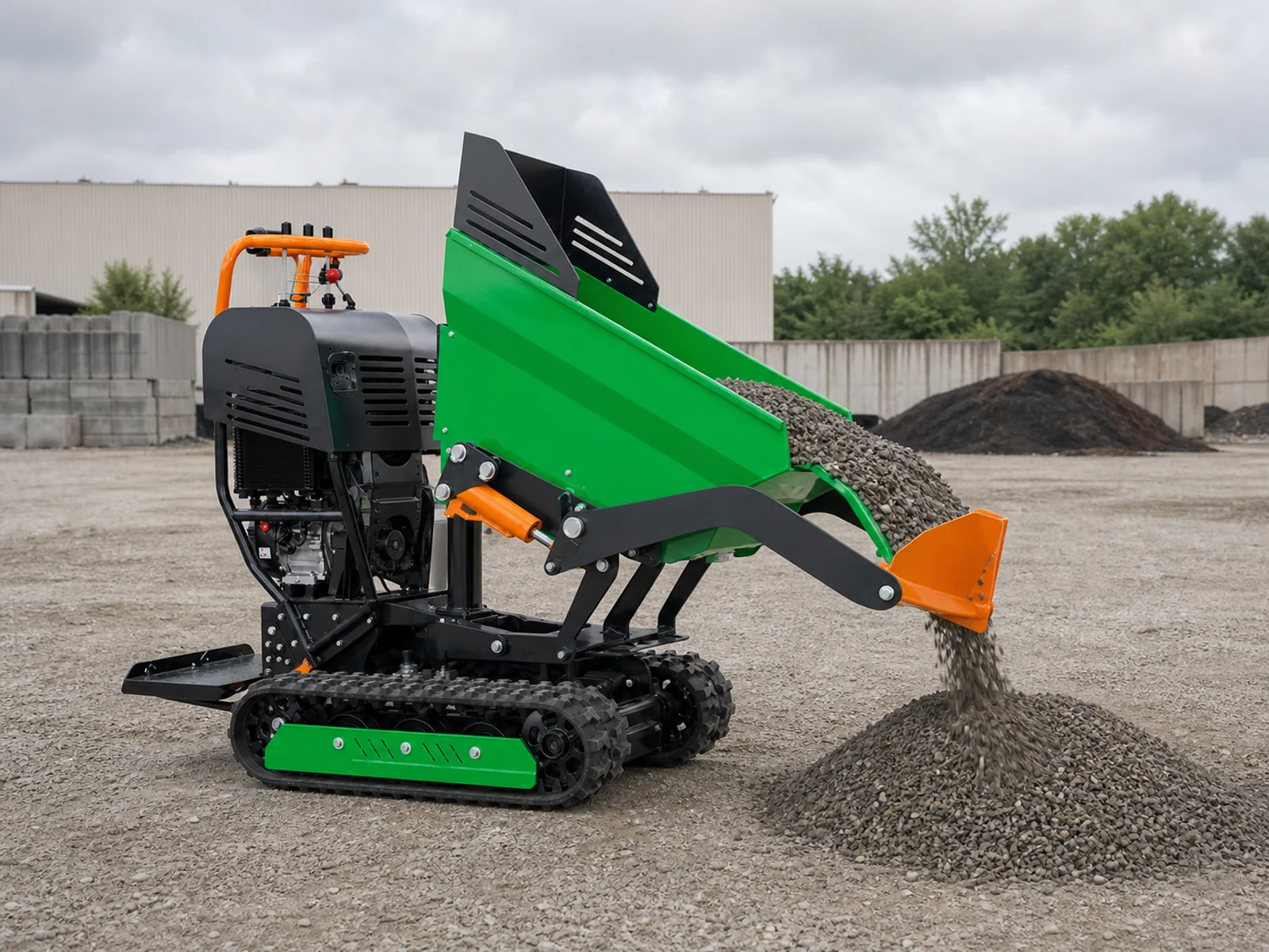 Compact crawler dumper unloading gravel through its front tipping body