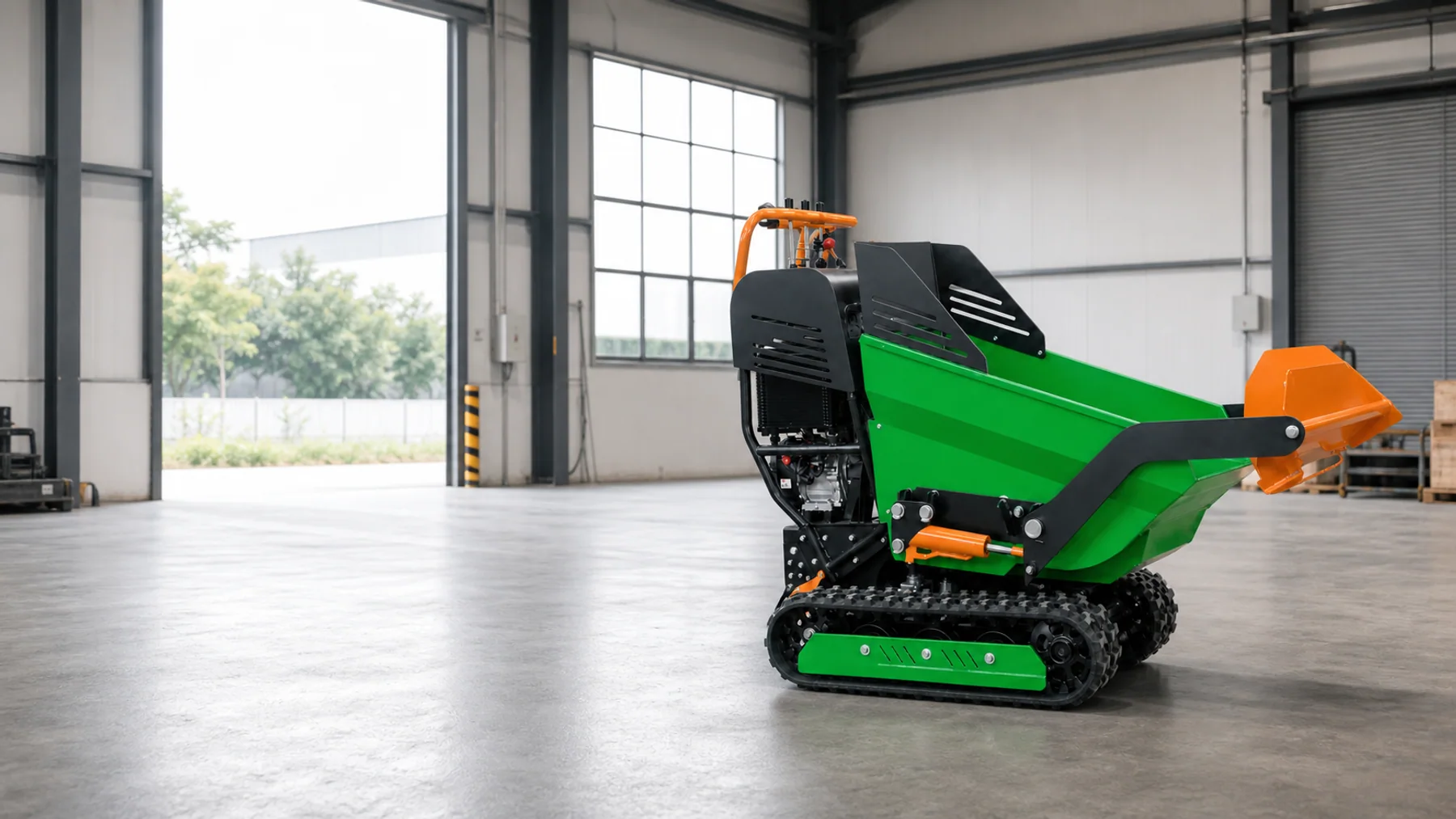 Compact green crawler dumper in an industrial workshop