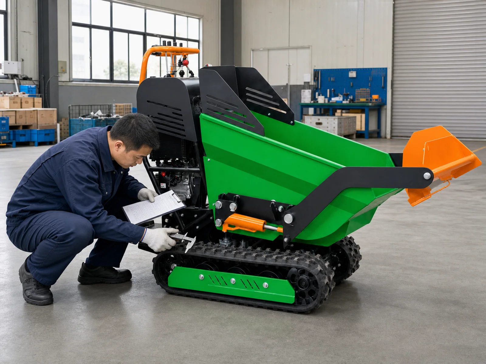 Chinese inspector checking the track and hydraulic pivot of a compact crawler dumper