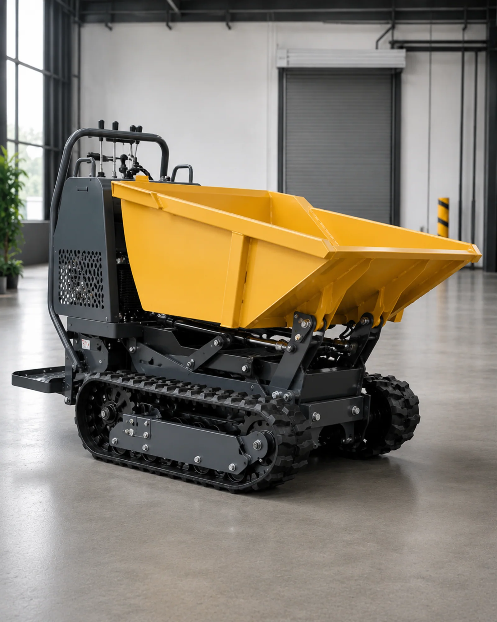 Yellow compact crawler dumper shown as an interface reference