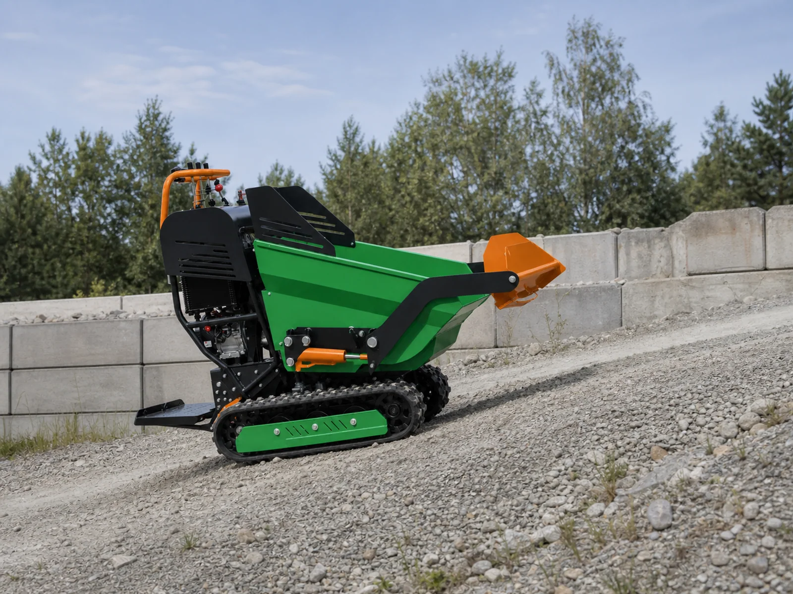 Compact crawler dumper travelling on a compacted gravel incline