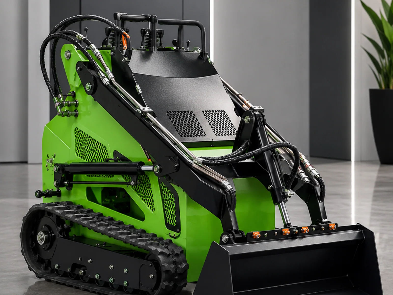 Front view of a compact tracked loader for approach and machine-envelope review