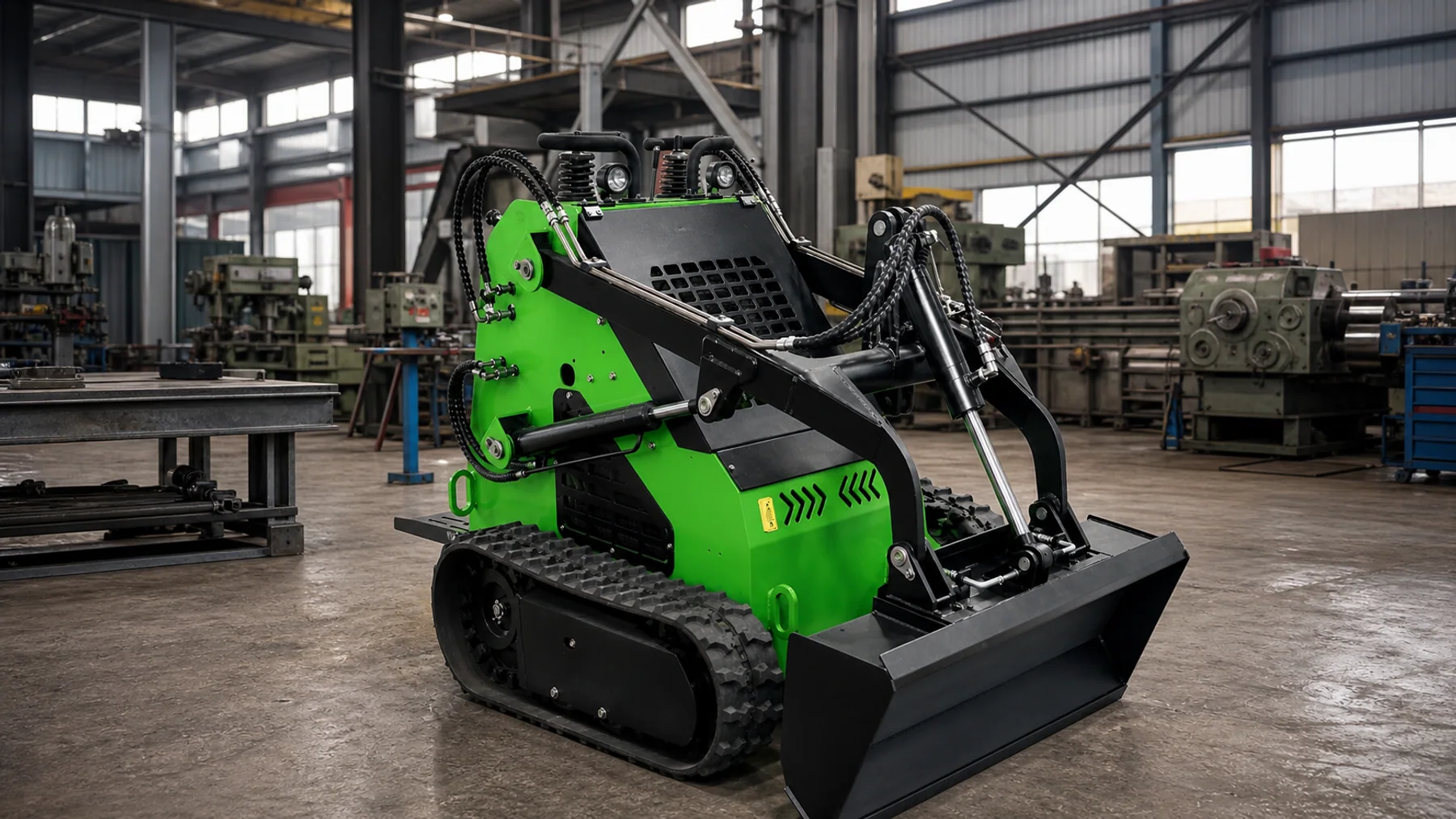 Compact green tracked skid steer loader in a metalworking workshop