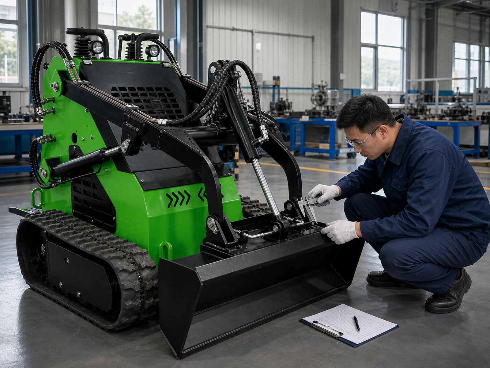 Chinese inspector checking a compact loader attachment interface and track