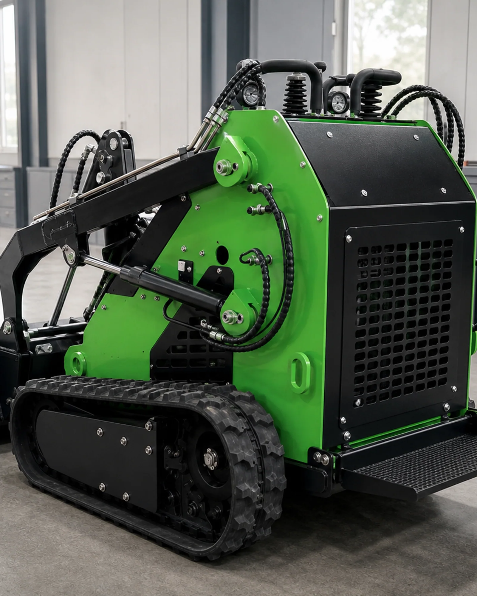 Rear side view of a compact tracked loader operator platform and service access