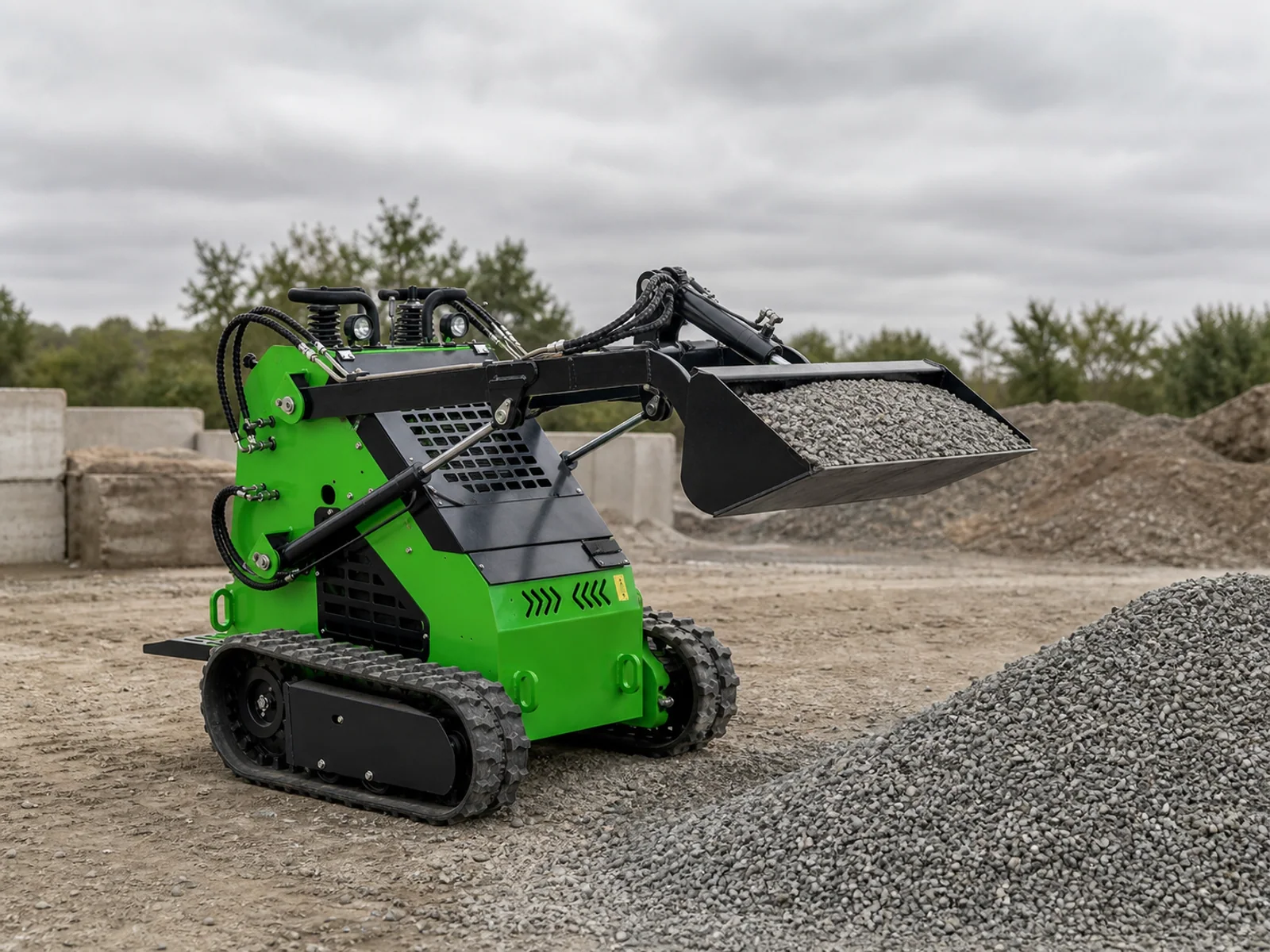 Compact tracked skid steer loader handling gravel in an outdoor industrial yard