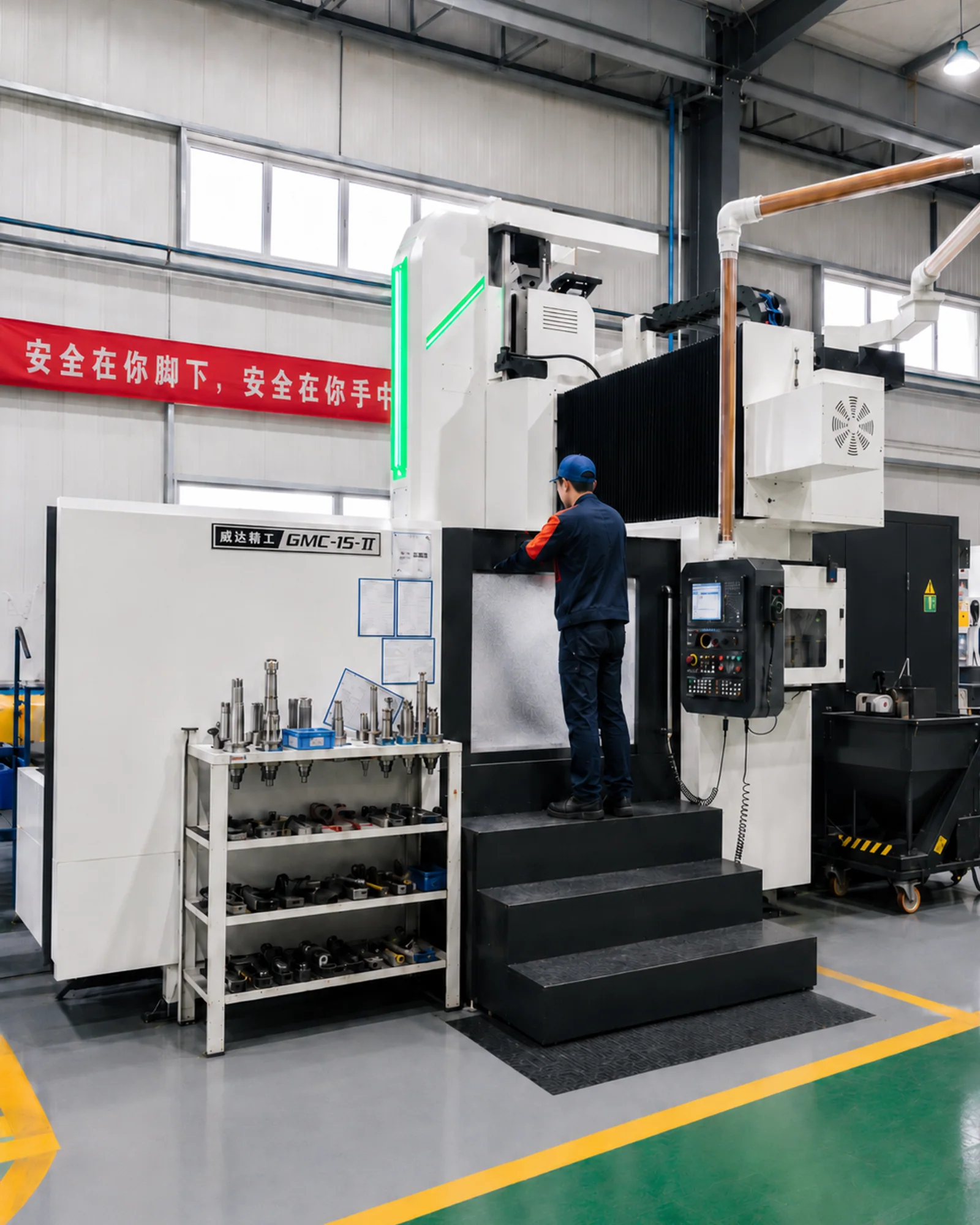 Chinese operator at a CNC gantry machining center