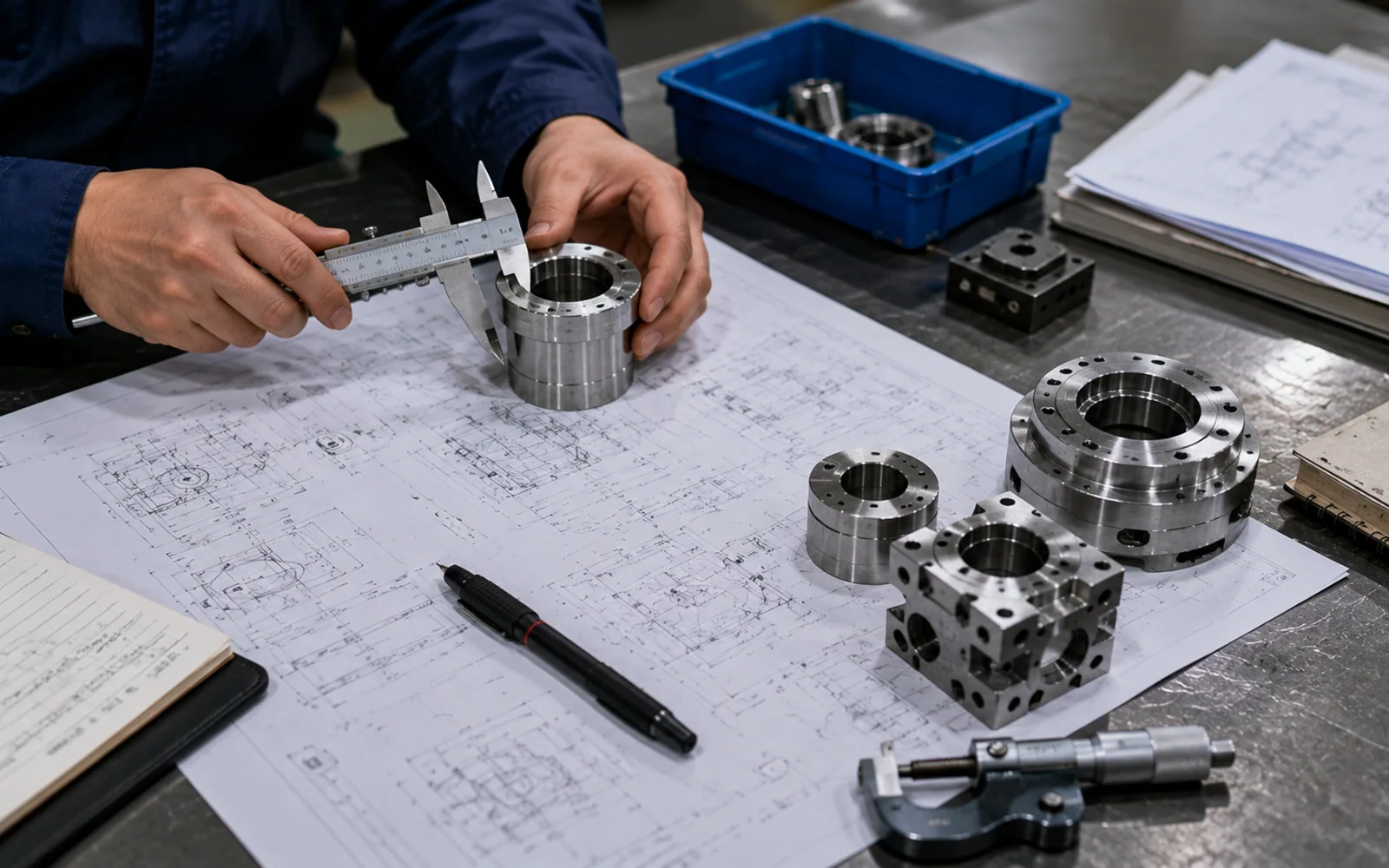 Drawing, sample and machined components on a technical review workbench