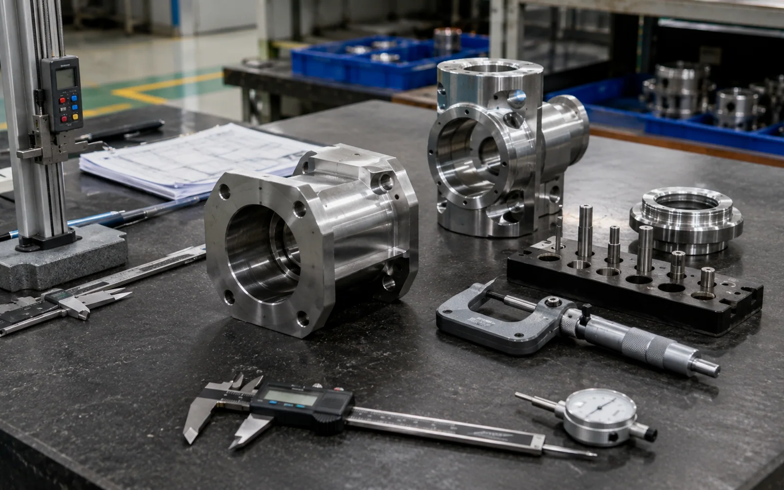 Machined parts, drawings and dimensional inspection tools in a quality area