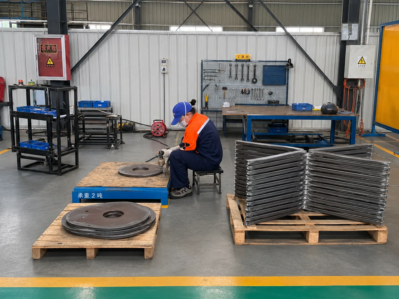 Chinese workshop employee beside a pallet of cut and fabricated metal parts
