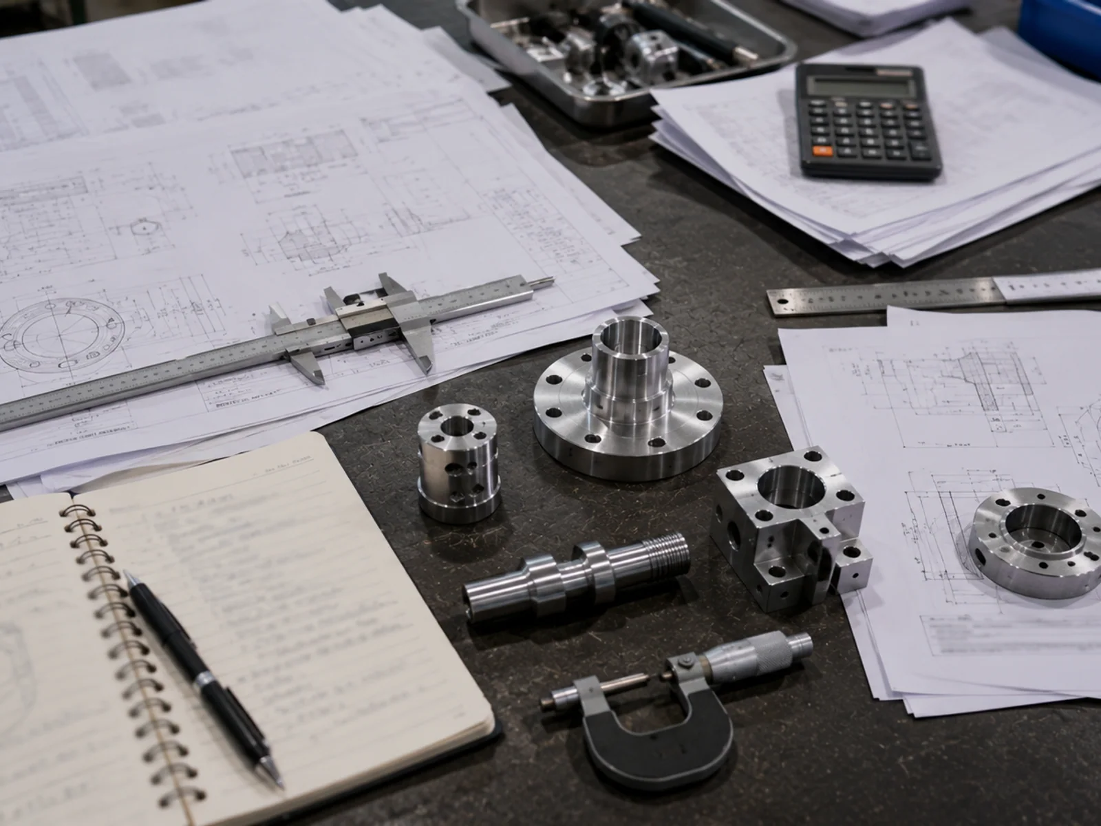 Technical drawings, measurement tools and sample machined parts prepared for RFQ review