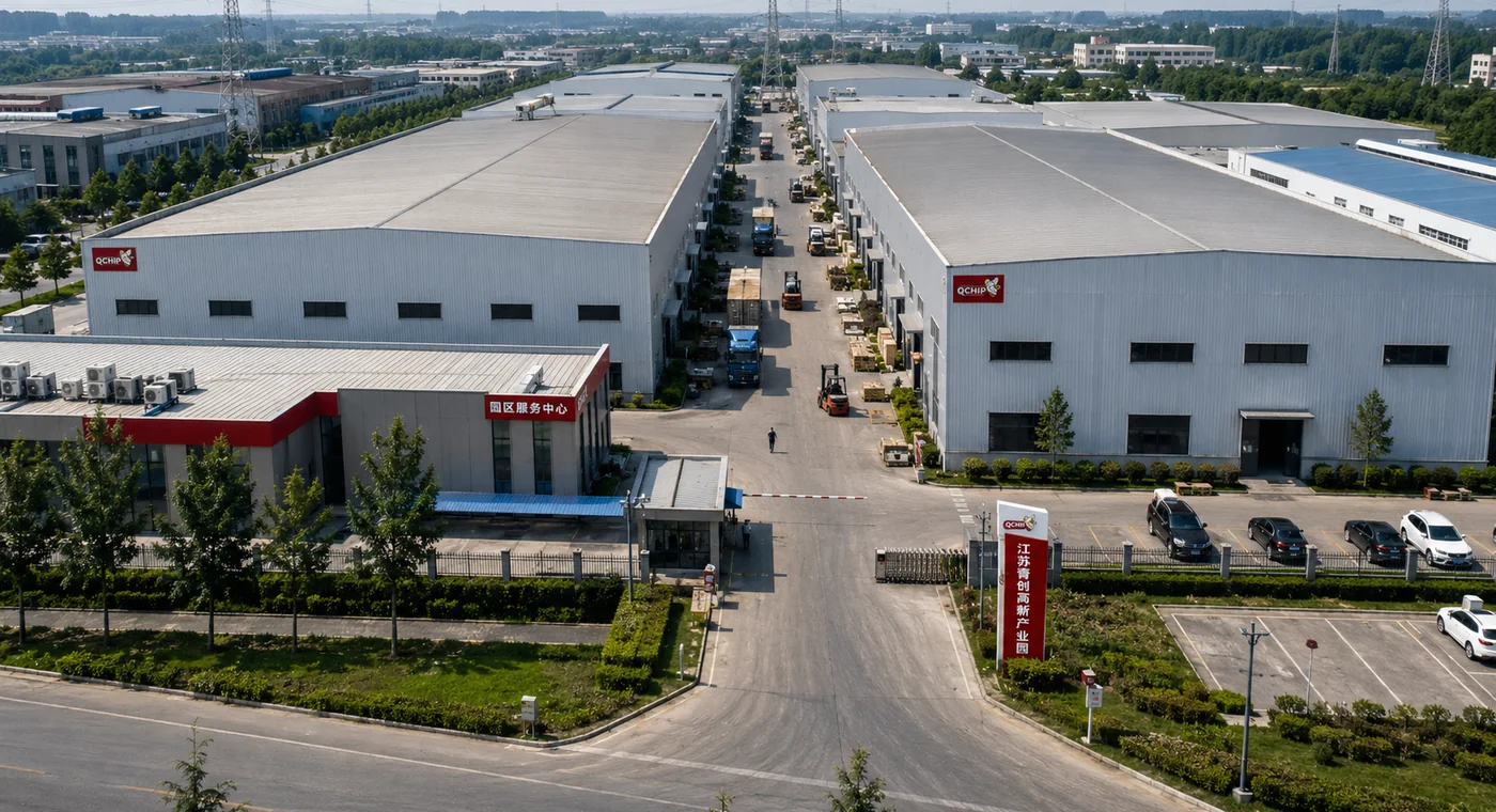Aerial view of an industrial manufacturing base and internal logistics road