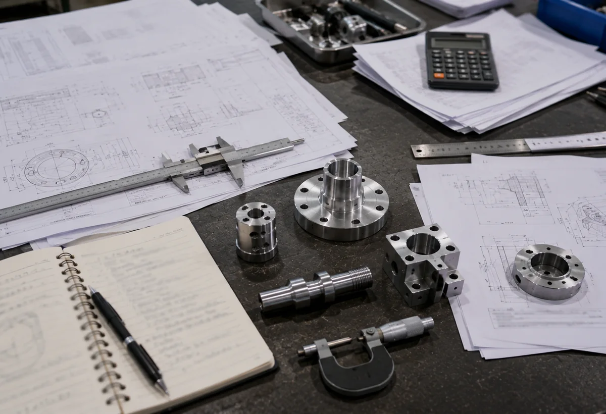 Machined samples, drawings and measuring tools prepared for technical review