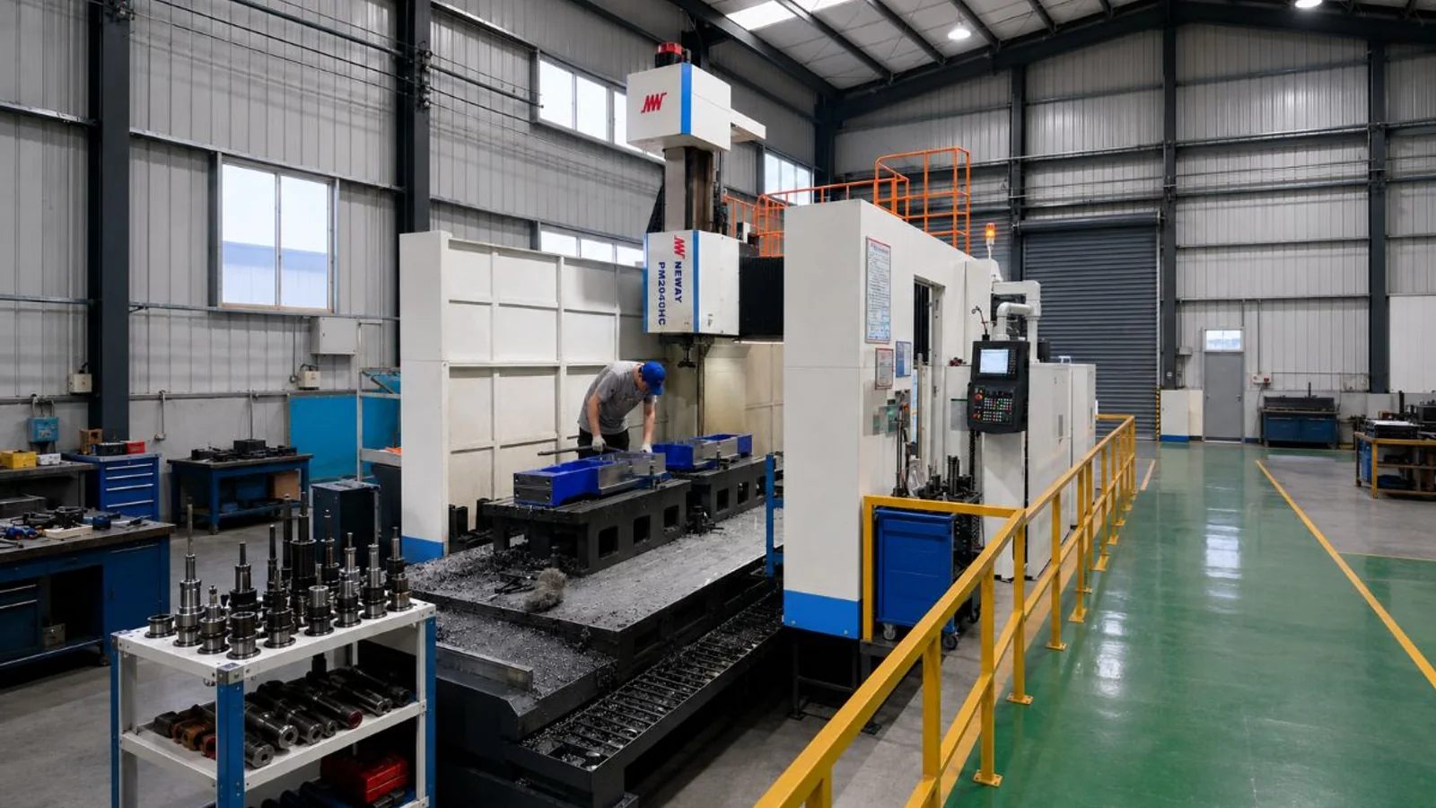 Large gantry machining center with a workpiece set on the machine table
