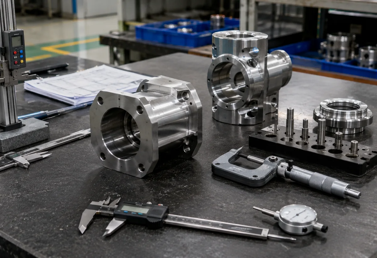 Machined metal components and dimensional measuring tools in an inspection area