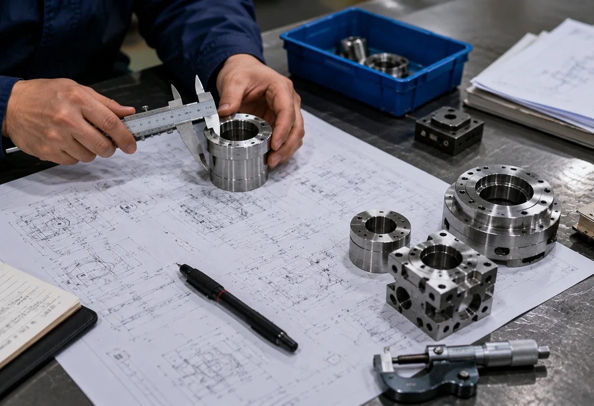 Technician checking a machined sample against a controlled drawing