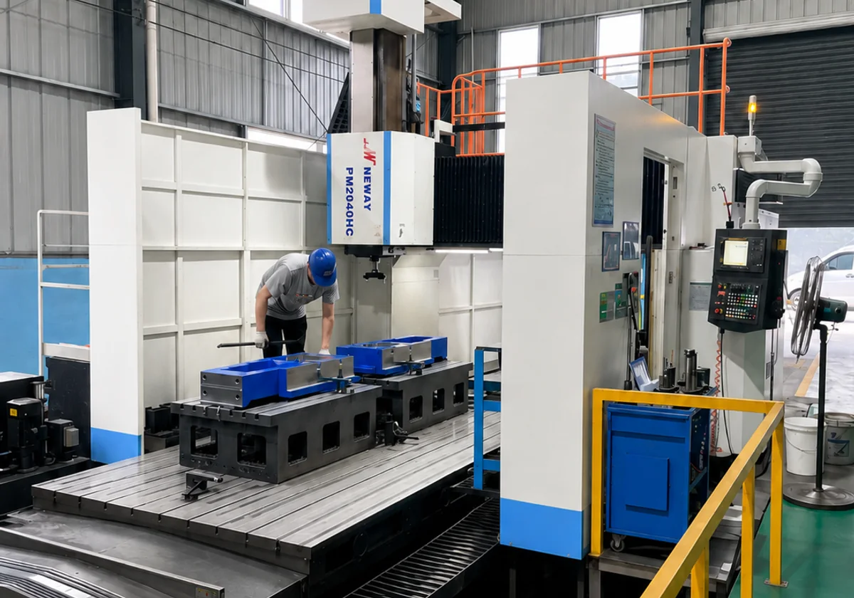 Long workpiece fixture positioned on a guarded gantry machining table