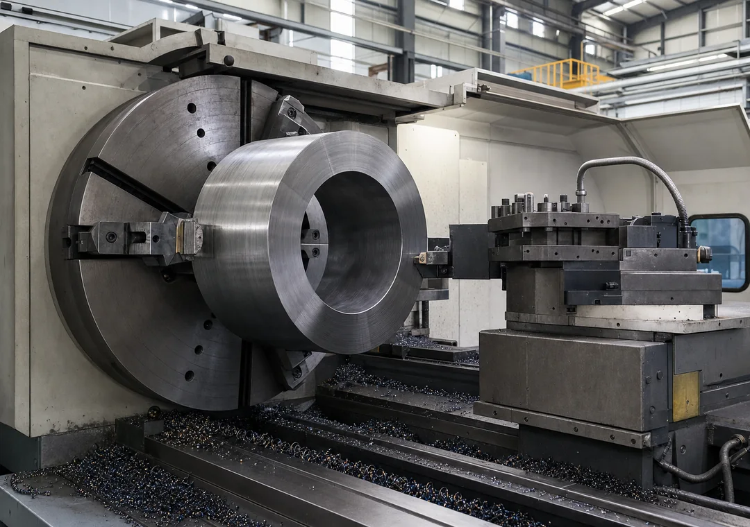 Heavy steel ring secured in a large horizontal CNC lathe for turning