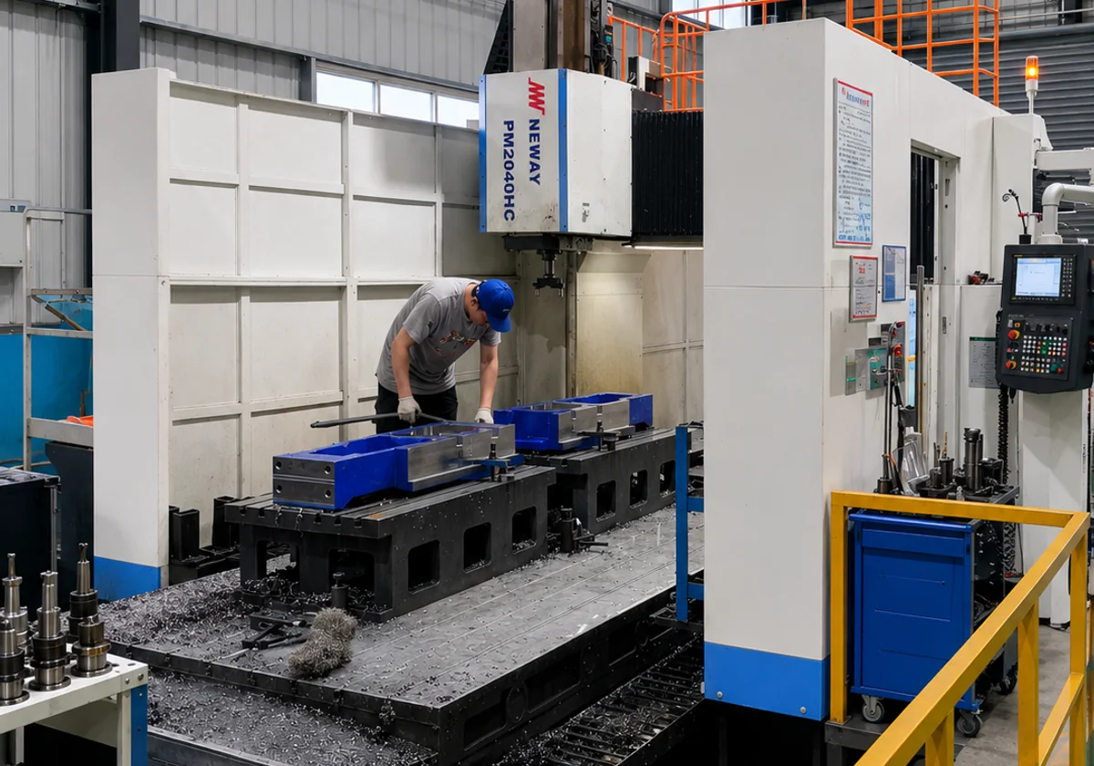 Large vertical gantry machining setup with the workpiece clamped on the table