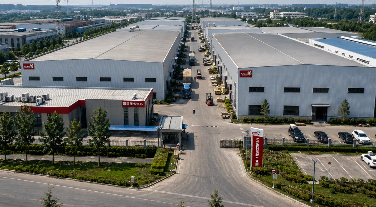 Aerial view of manufacturing buildings and the internal logistics entrance