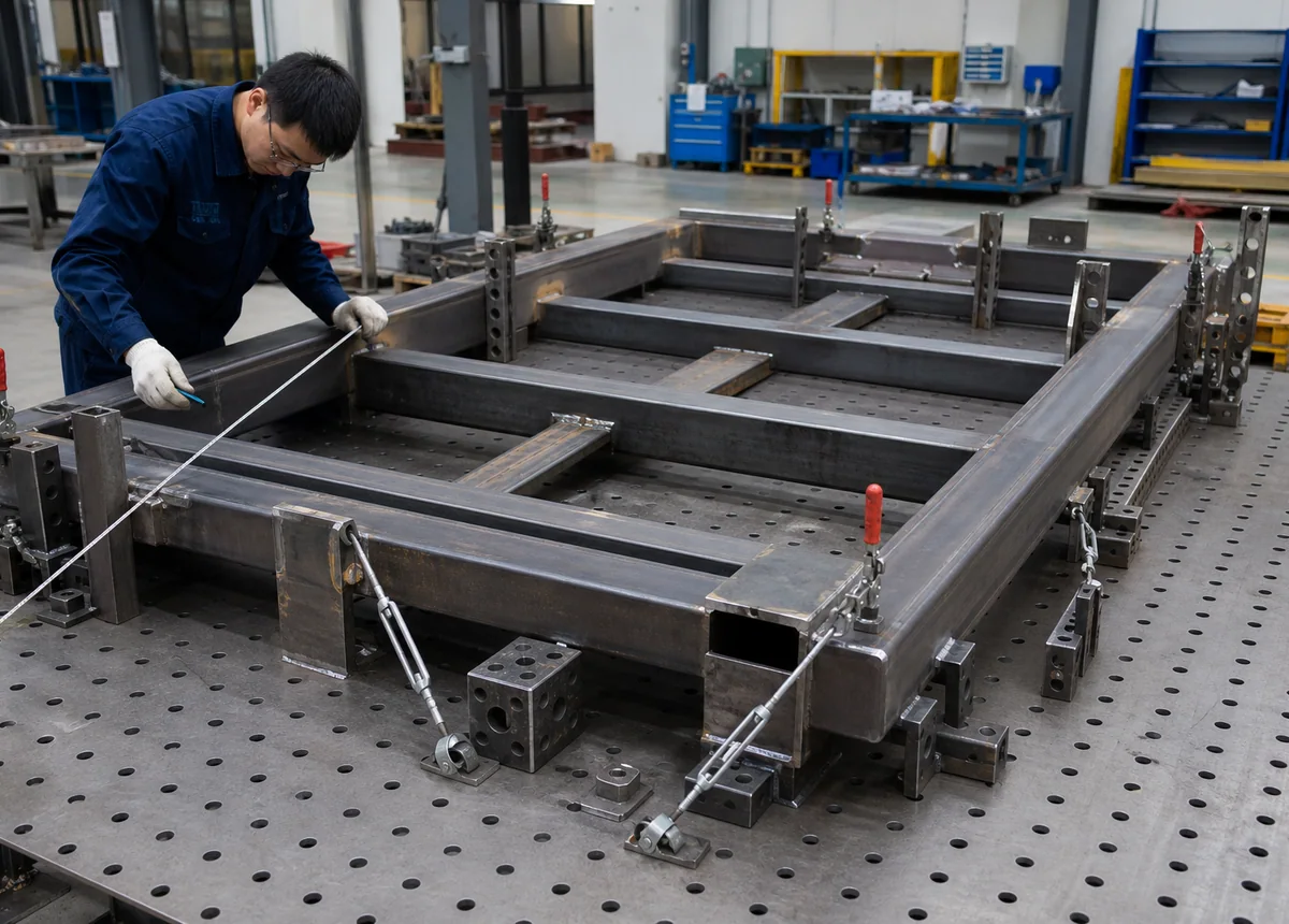 Chinese fabrication engineer checking a welded base frame held by datum stops and clamps