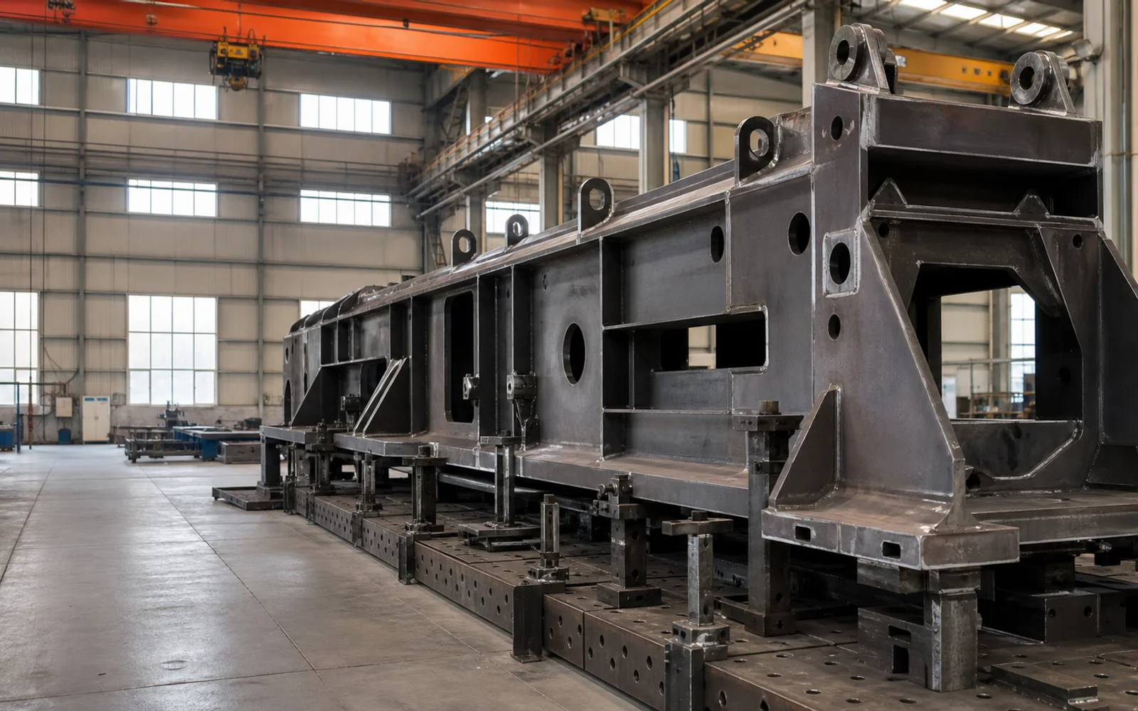 Large welded steel equipment frame restrained on a fabrication fixture floor